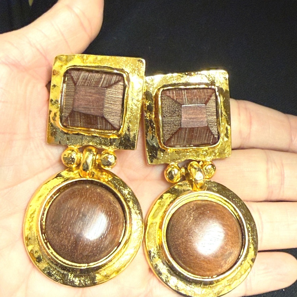 Edouard Rambaud Paris Vintage Hammered Gold Wood Resin Clip On Drop Earrings